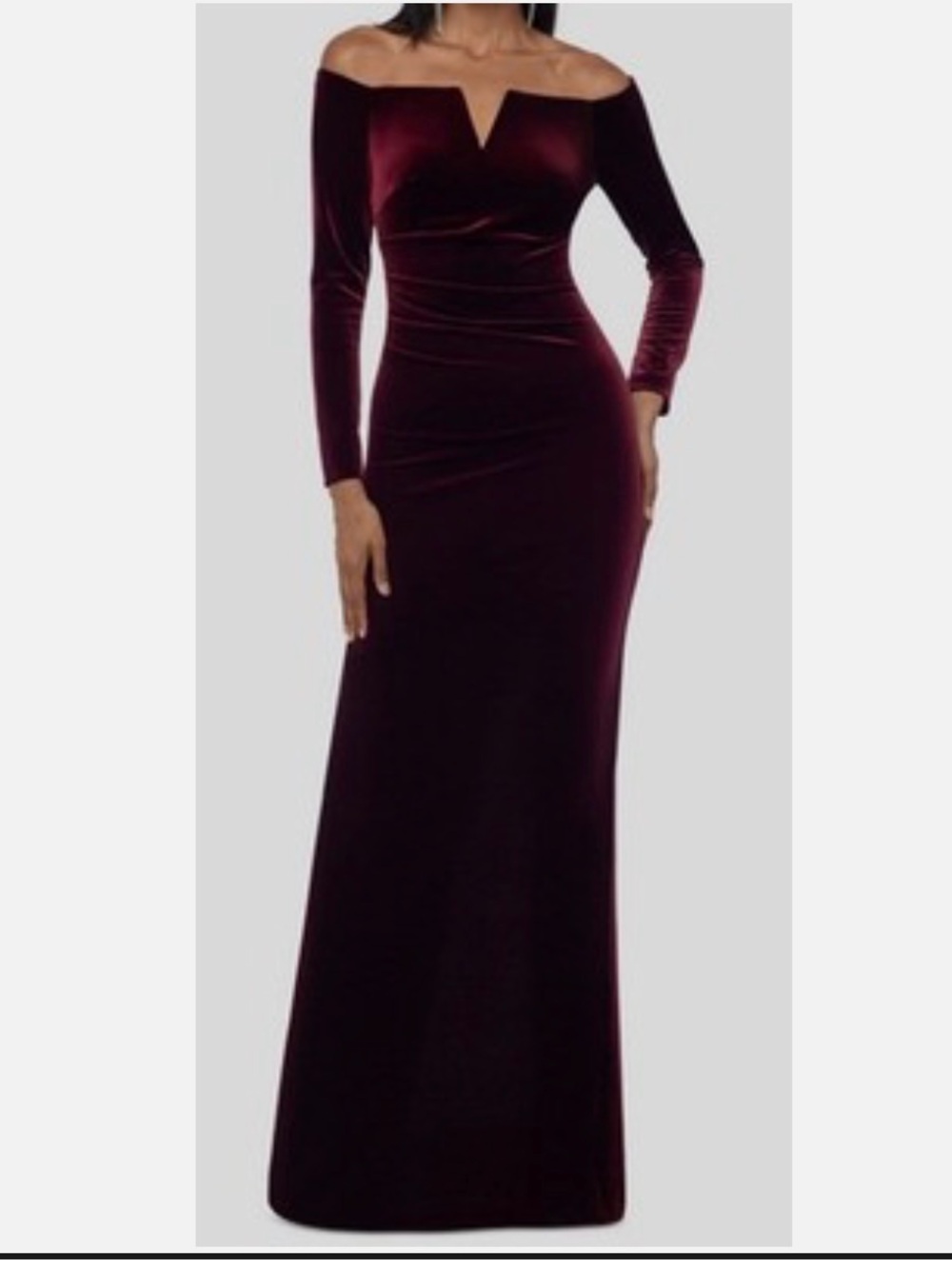 Xscape Burgundy Velvet Long Sleeve Off-Shoulder Dress